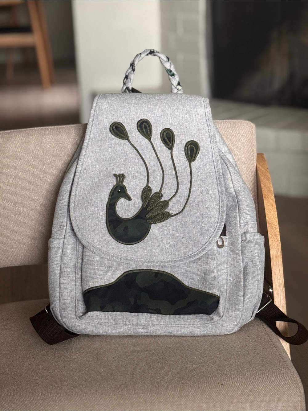 NWOT Peacock Appliqué Backpack Bag Boho Neutral Gray